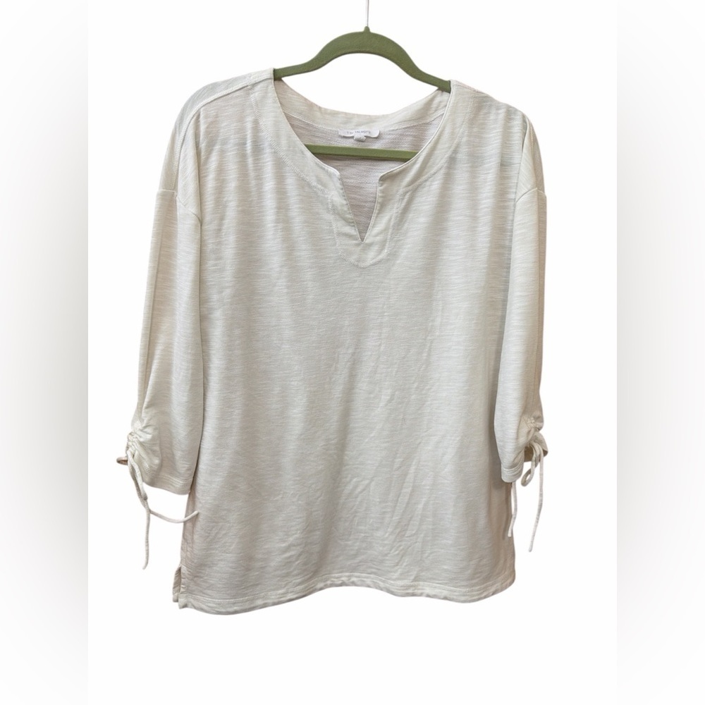 T by Talbots White Split Neck Tunic Top with Tie Detail on Sleeves, Size Medium.